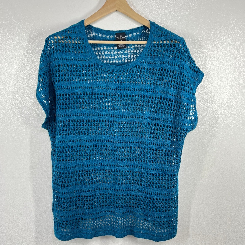 Faded Glory Crochet Knit Top Cover Up Teal Blue Open‎ Weave 3X Beech Tropical